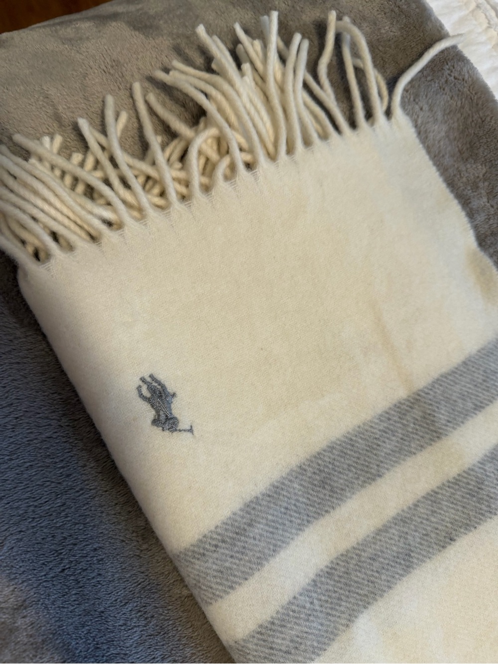 Cream and Gray Striped Fringe Scarf and Gloves